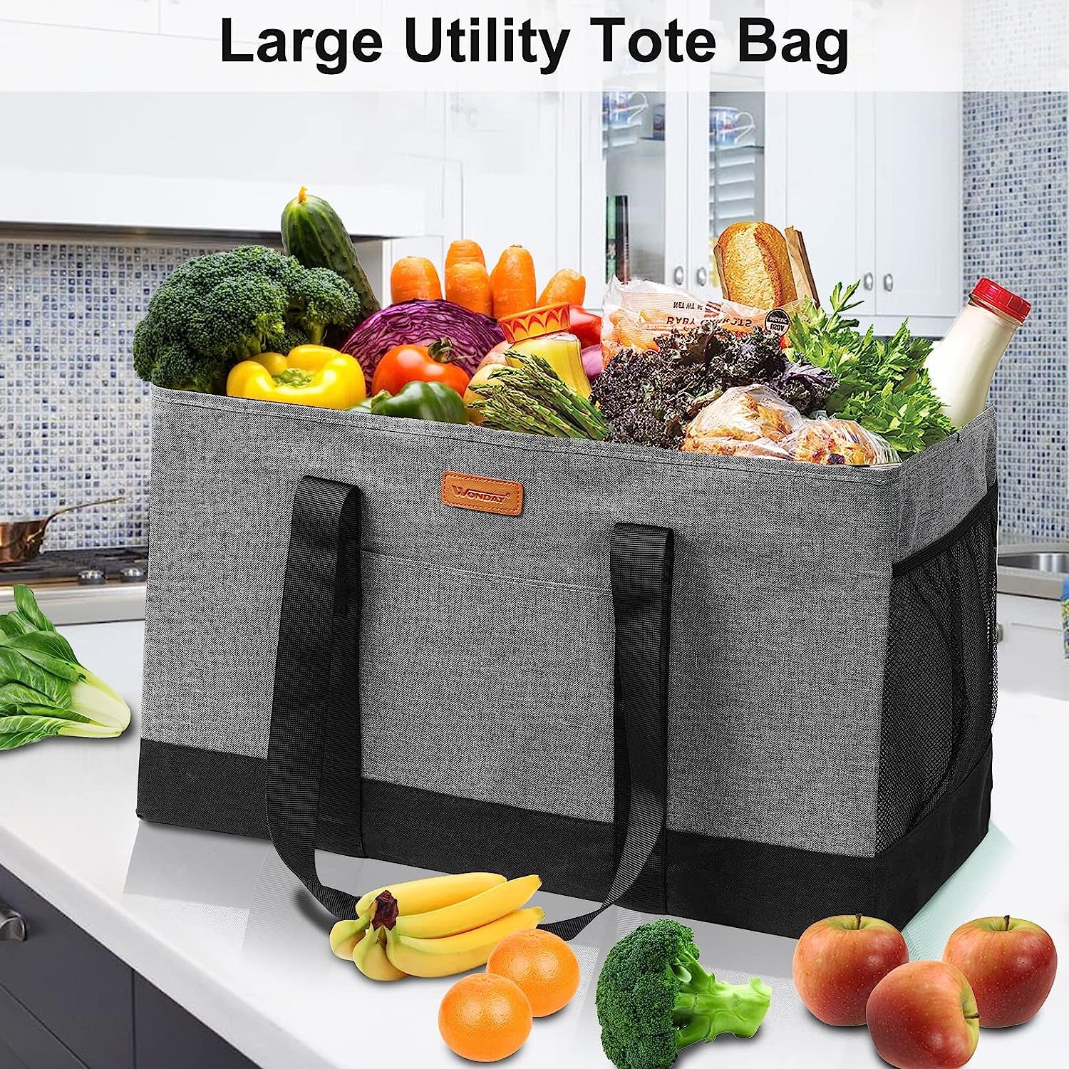 Extra Large Foldable Grocery Tote Bag with Handles for Storage, Picnics, Beach, Pool, Laundry - Reusable Shopping Bag (Grey)